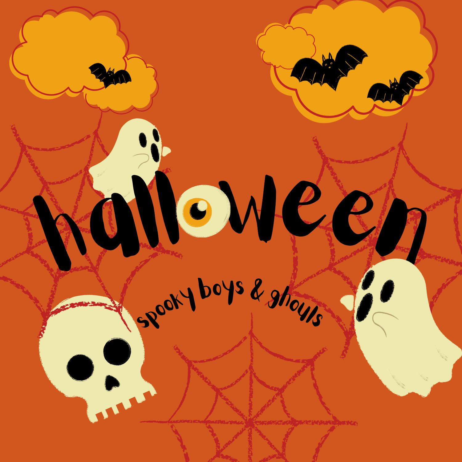 Halloween graphic design with the word 'halloween' in black script over an orange background with spiderwebs, orange clouds with black bats, a skull with a bandage, and two cartoon ghosts. The text 'spooky boys & ghouls' appears below.


